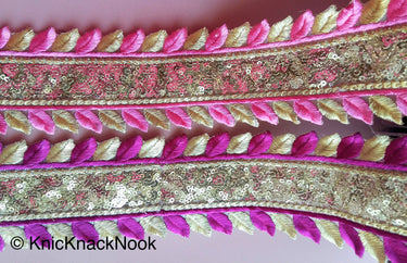 Purple And Gold Silk Thread Embroidery With Gold Sequins, One Yard Lace Silk Trim, Approx. 64mm Wide